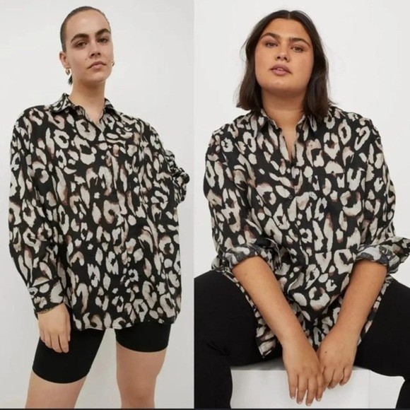 H&M Linen Black Leopard Print Button Down Shirt size XL - Picture 11 of 11